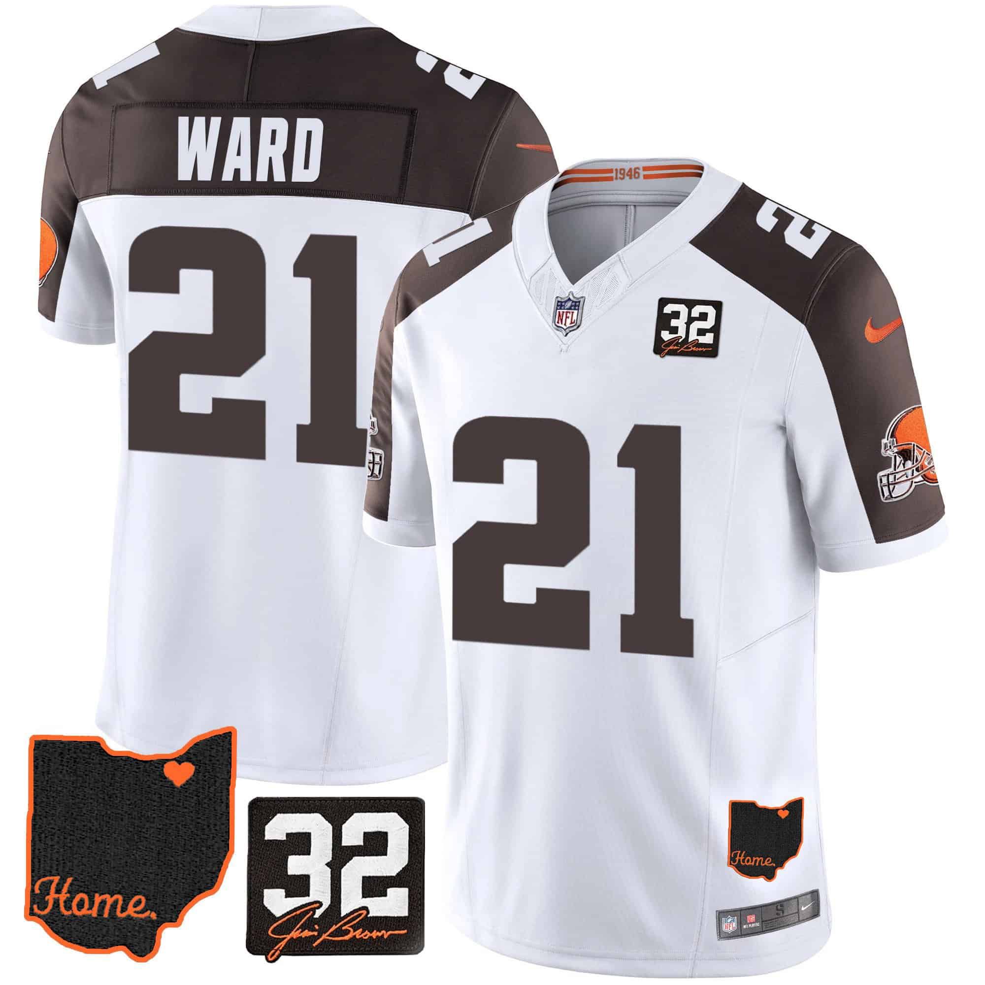 Men Cleveland Browns 21 Ward White Memorial Home Patch 2024 Nike NFL Jersey style 1